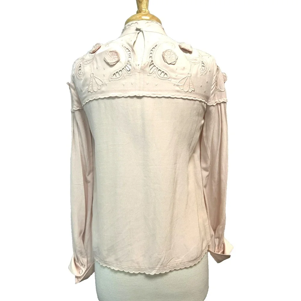 NWT See by Chloe Pullover Blouse Smoky Pink Embroidered Yokes Long Sleeve SZ 36